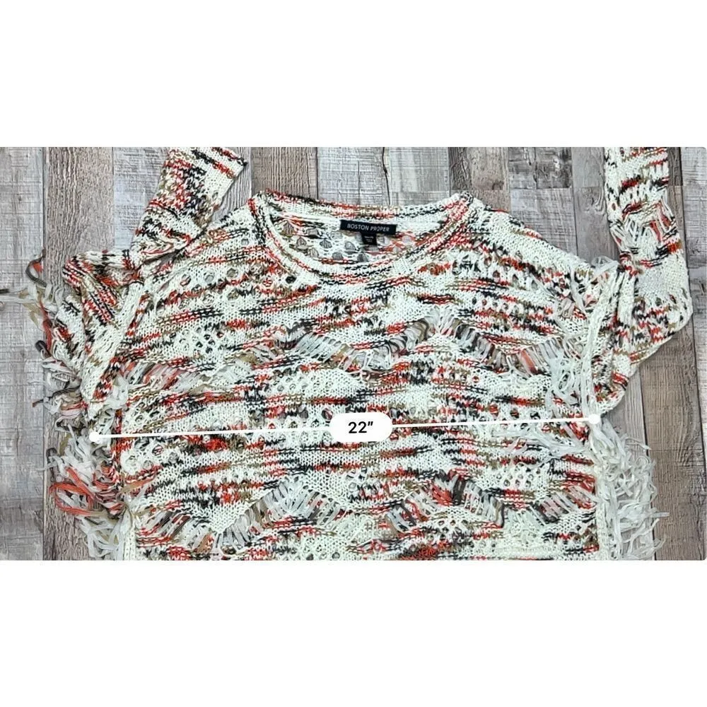 Boston‎ Proper Open Weave Sweater Nylon Fringe Long Sleeves Cream Multi Sz XS - Image 6