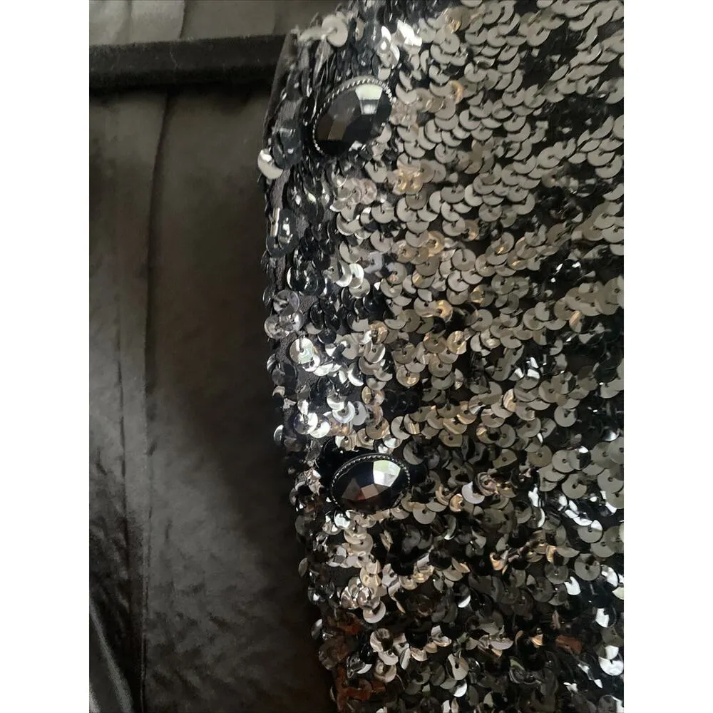 Louben 6 Black Full Seqin Jacket‎ Blazer Button Front Going Out Glam Event - Image 3