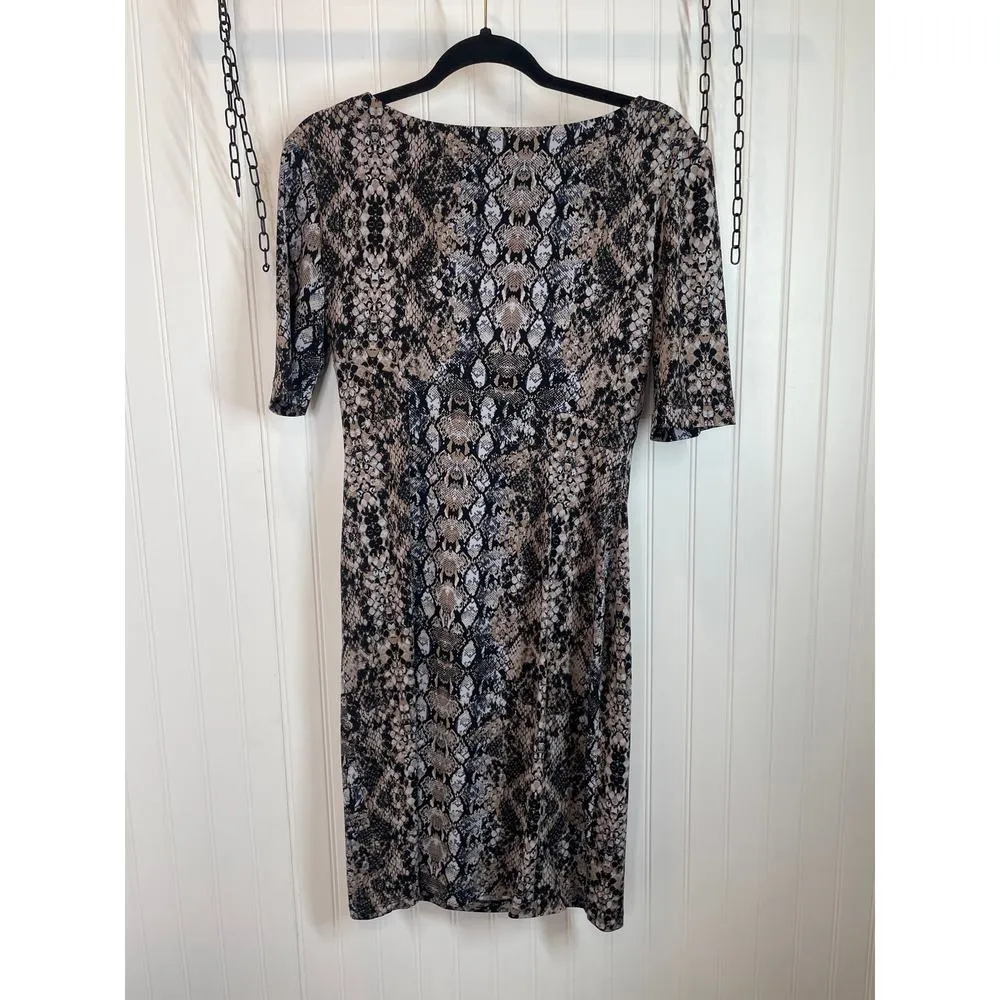 Connected Ruched Mini Sheath Dress Black & Tan Animal Snakeskin Python Size 4P - Image 3