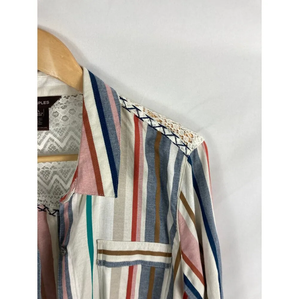 Multiples Stripe Lace Back embroidered Button Down Shirt Size Large - Image 3