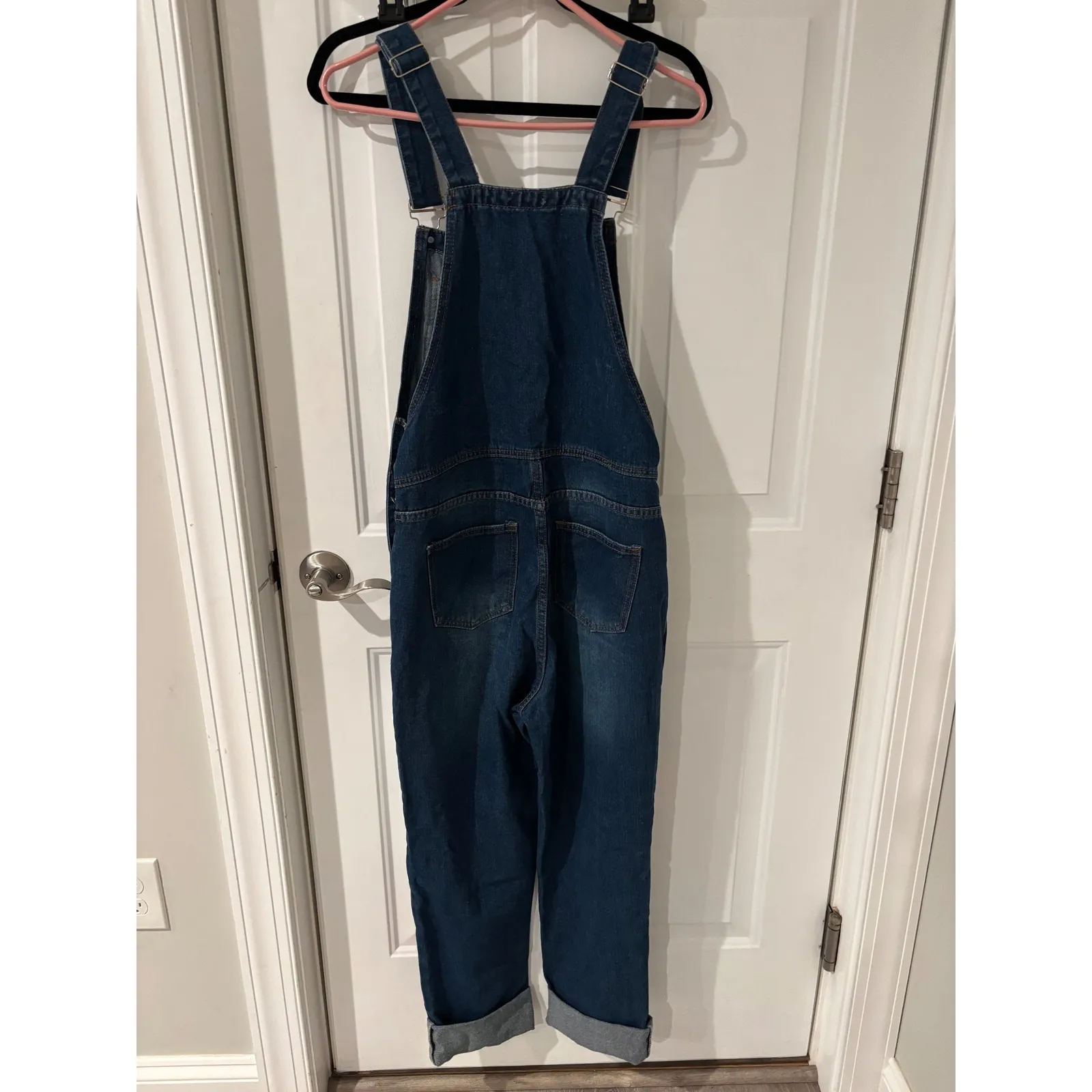 MissLook Bib Overalls Women's Denim Painted Floral Boho Wearable Art Hippie Sz S Blue - Image 6