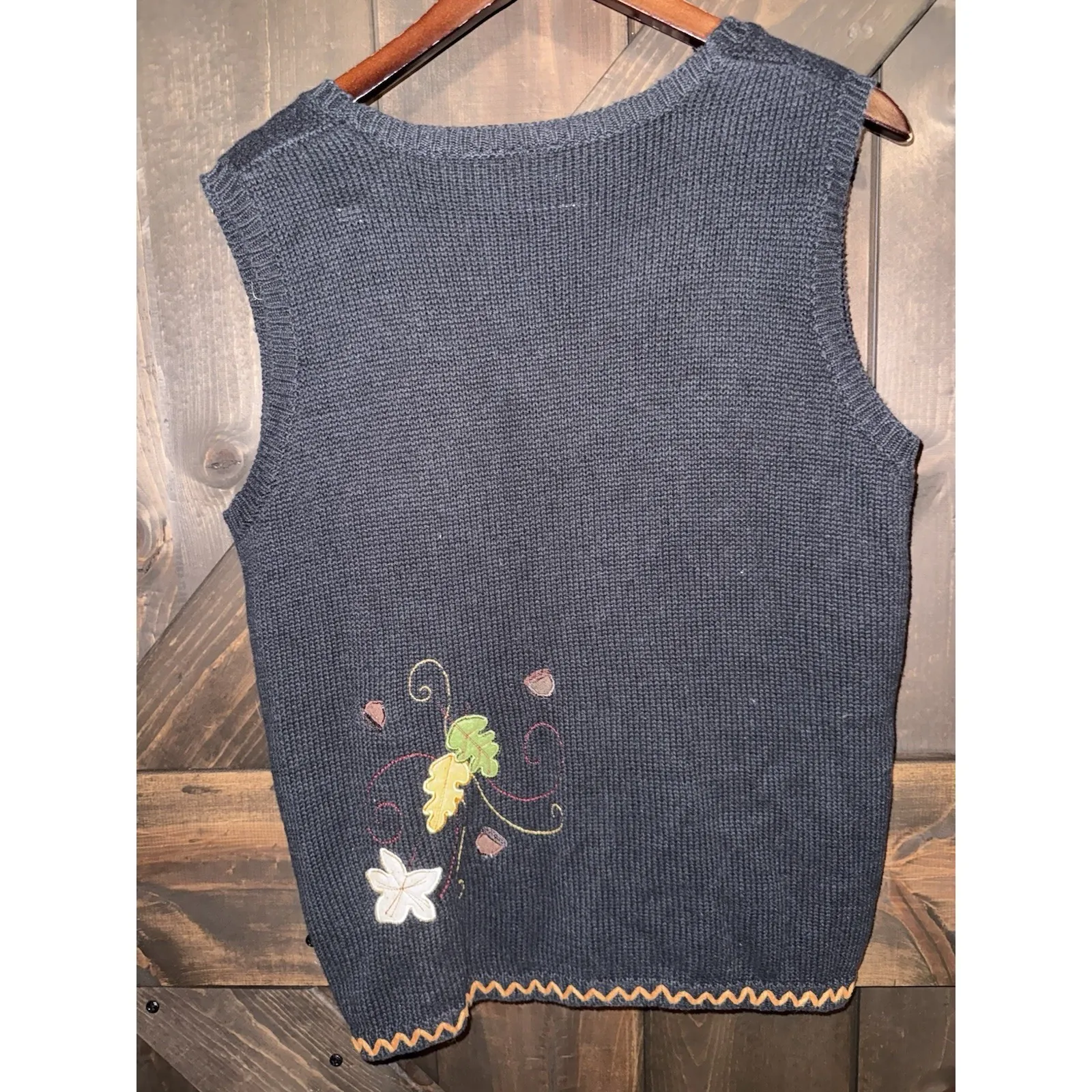 Holiday Editions Women's M Black Brown Green Leaf Harvest Fall Knit‎ Button Vest Size M - Image 5
