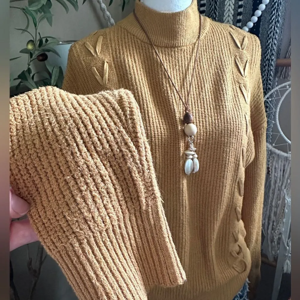 Tahari Mustard Yellow Ribbed Braided Mockneck Sweater - Image 4