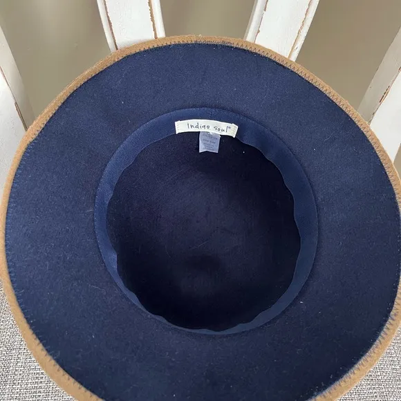 Indigo Soul Navy Blue‎ & Taupe Felt Cloche Bucket Hat OS Blue - Image 3