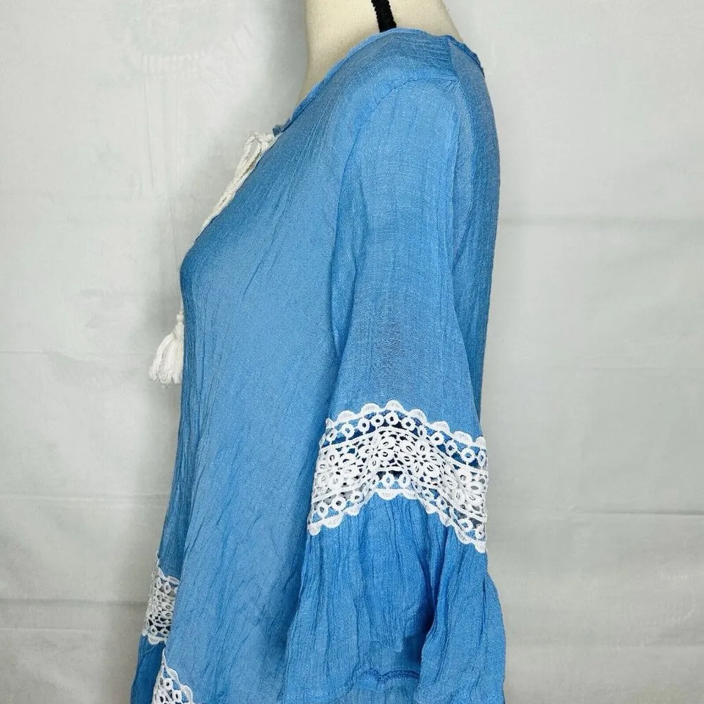 Swimsuit Coverup Dress Women One Size Blue White Crochet Lace Trim Boho Peasant - Image 7