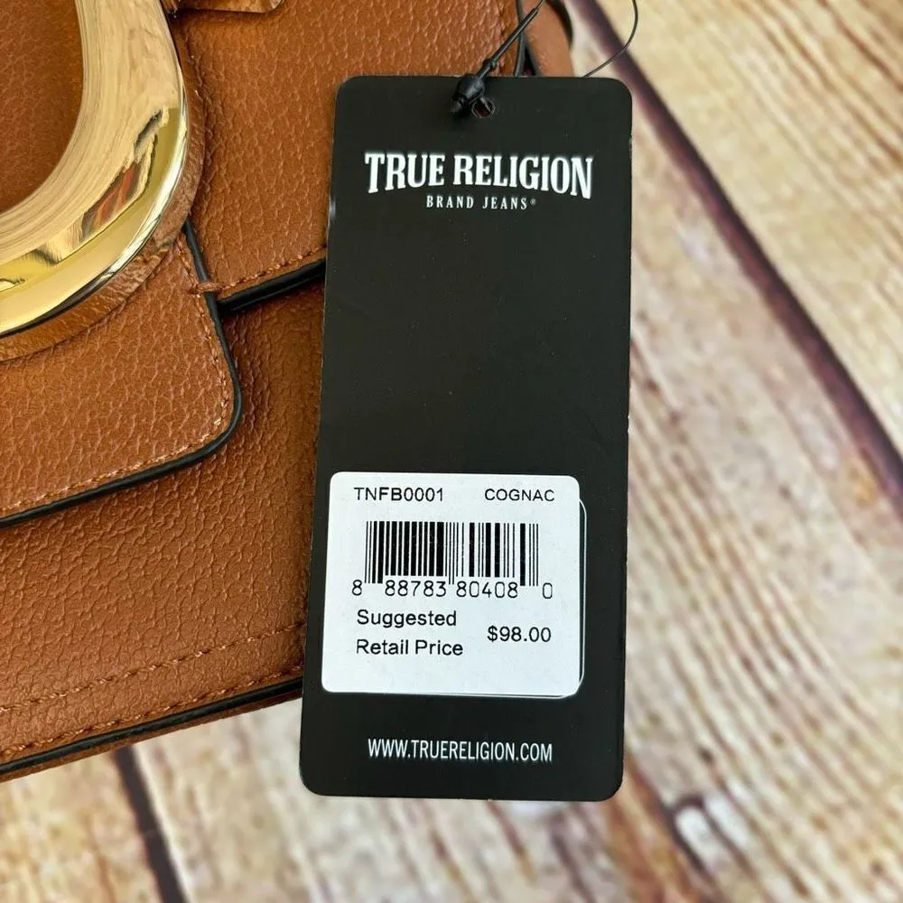 True Religion Mini Flap Crossbody Bag Purse Cognac Brown Gold Cream NWT - Image 9