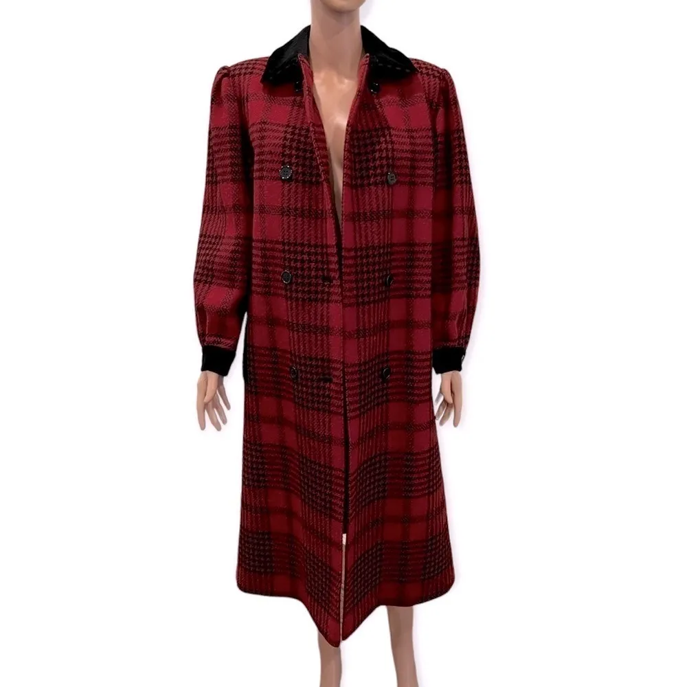 GUY LAROCHE Paris Vintage Double Breasted Long Plaid Wool Coat Size 40/M Classic Red Size M - Image 3