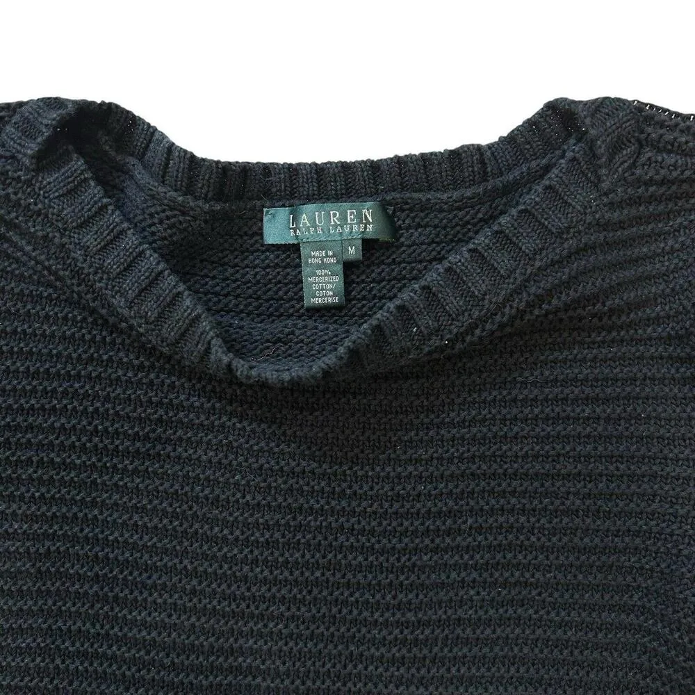 LAUREN RALPH LAUREN Knit Sweater Women Sz M Black Boat Neck Cable Chunky Stretch Size M - Image 5