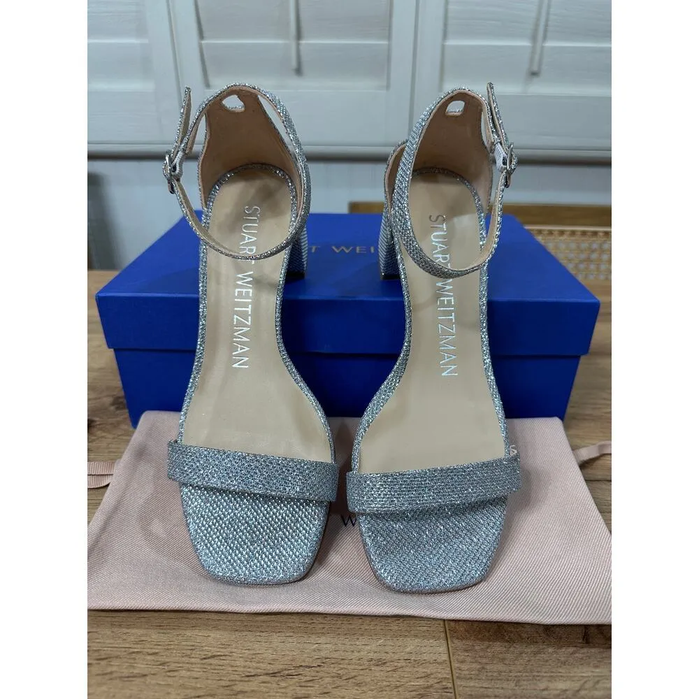 Stuart Weitzman Nudistcurve 35 Block Sandal Heels Silver Size 6 US 36.5 US NIB - Image 7