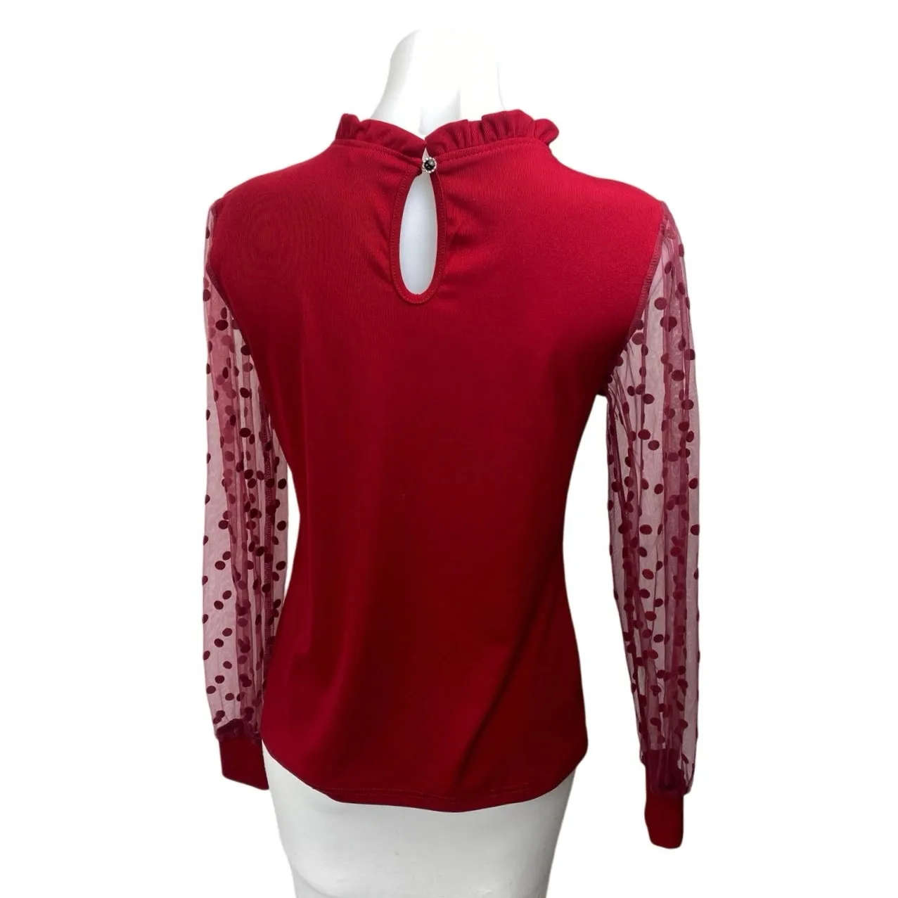 B Red Long Sleeve Mesh Polka Dots Ribbed Knit Mock Neck Ruffle Blouse Top Size M Size M - Image 2