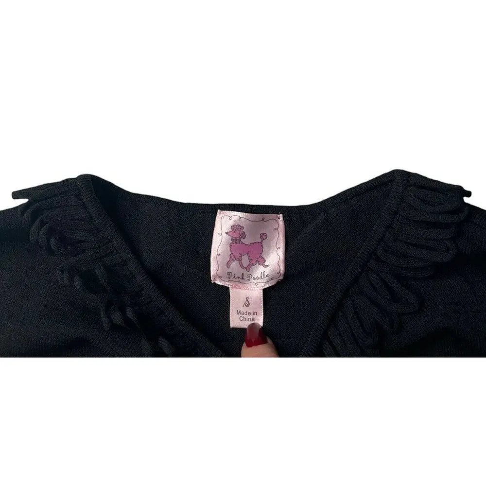 NEW Womens Pink Poodle Solid Black Knit Tank Top with Loopy Fringe Trim Size S - Image 3
