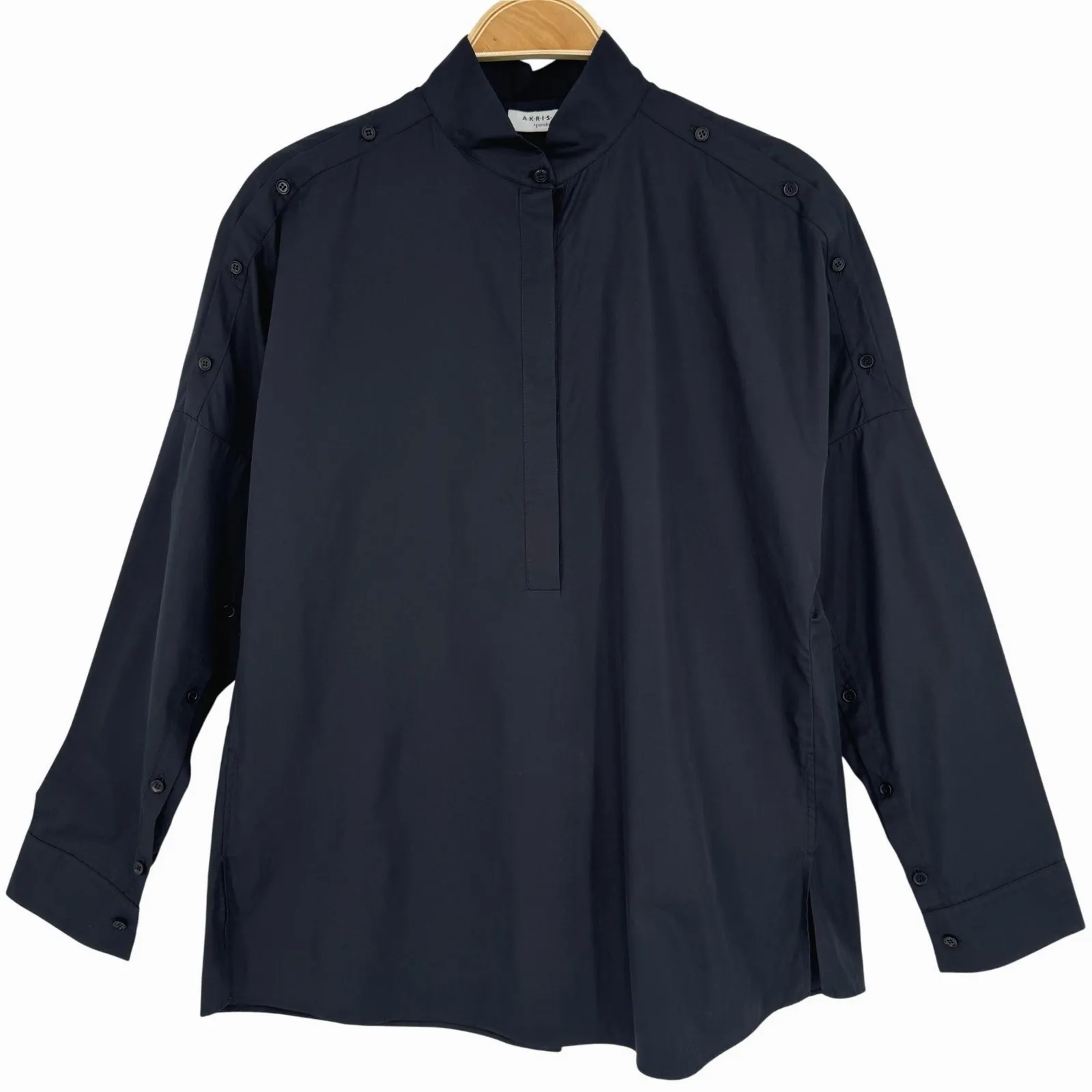 Akris Punto Button Shoulder Blouse Size 8 Black Minimalist Modern Chic Elevated - Image 2