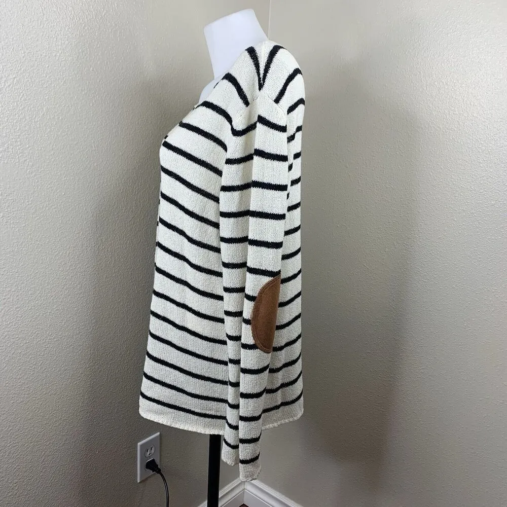 August Mist Stripe White Black Elbow Patch Brown Sweater Pullover Women’s Sz XXL - Image 3