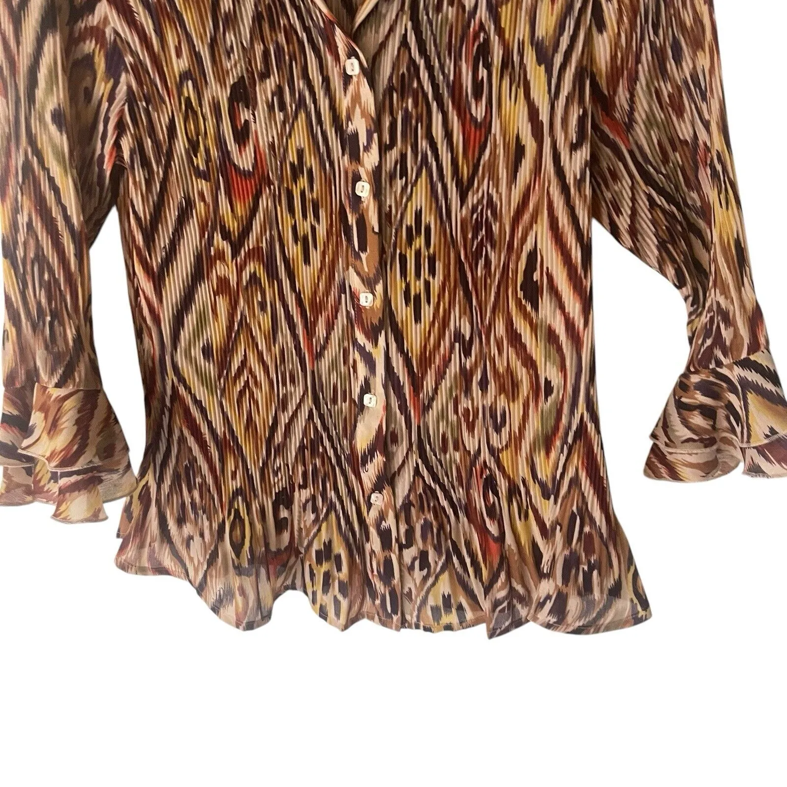 Essentials Milano‎ PM Ikat Retro Trippy Hippie Long Sleeve Flutter Button Blouse Brown Size M - Image 3