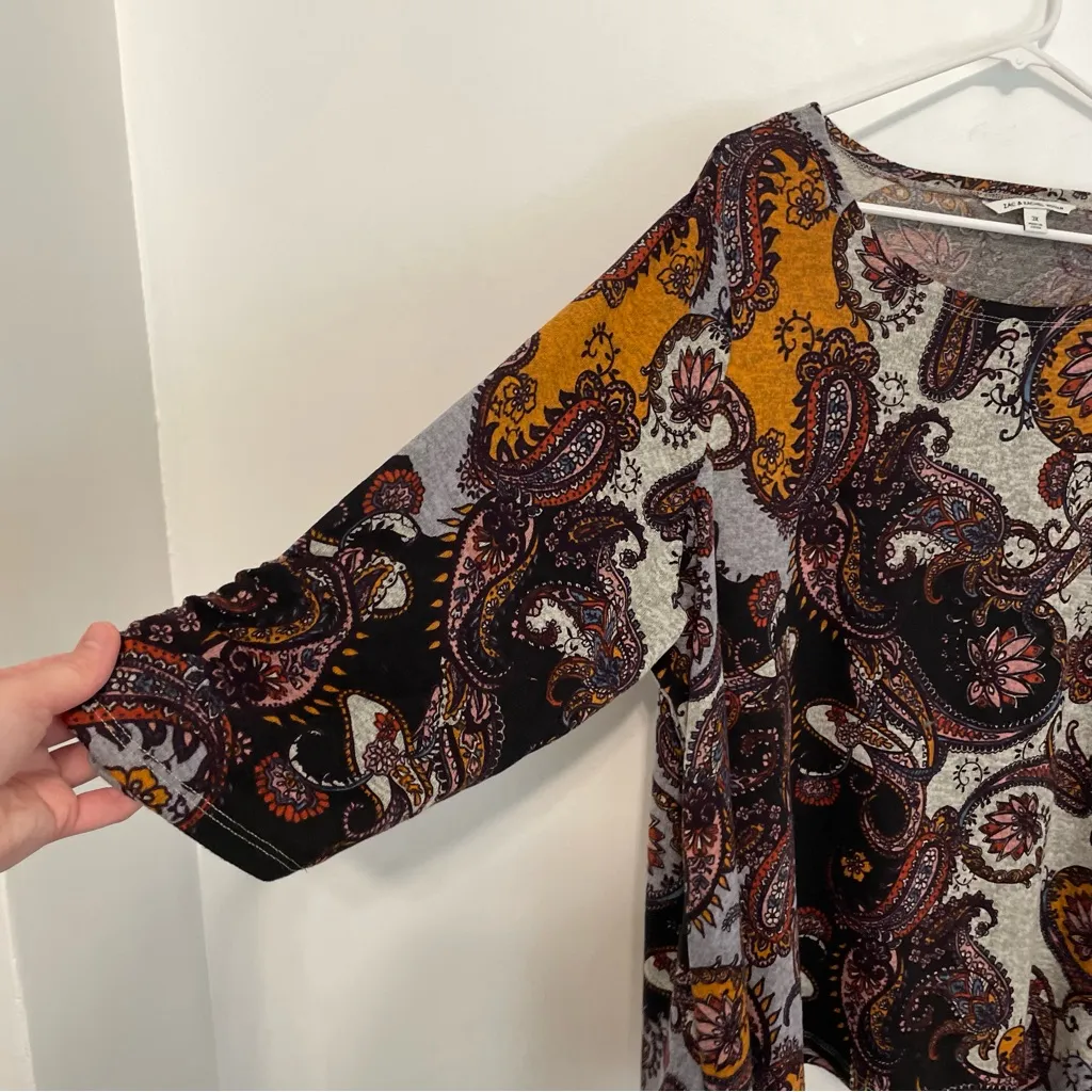 NEW NWT ZAC RACHEL Plus Size Gray Black Purple Paisley 3/4 Sleeve Boho Tunic Top - Image 8