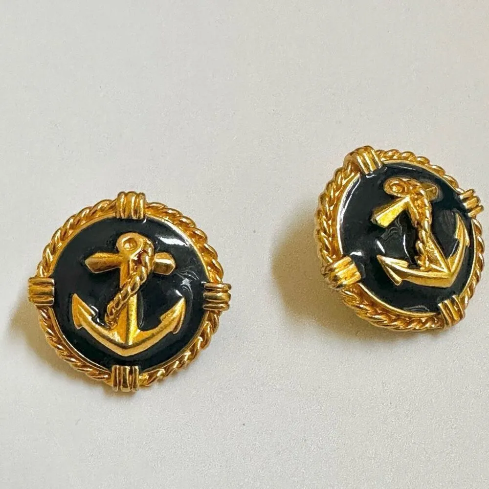 Vintage Navy Sailor Sweetheart Earrings Goldtone with Enamel Inlay Blue - Image 3