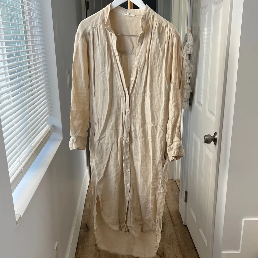 Emerson Fry Midi 100% Linen Shirtdress Button Down in Beige Almond XS $248 Tan - Image 2