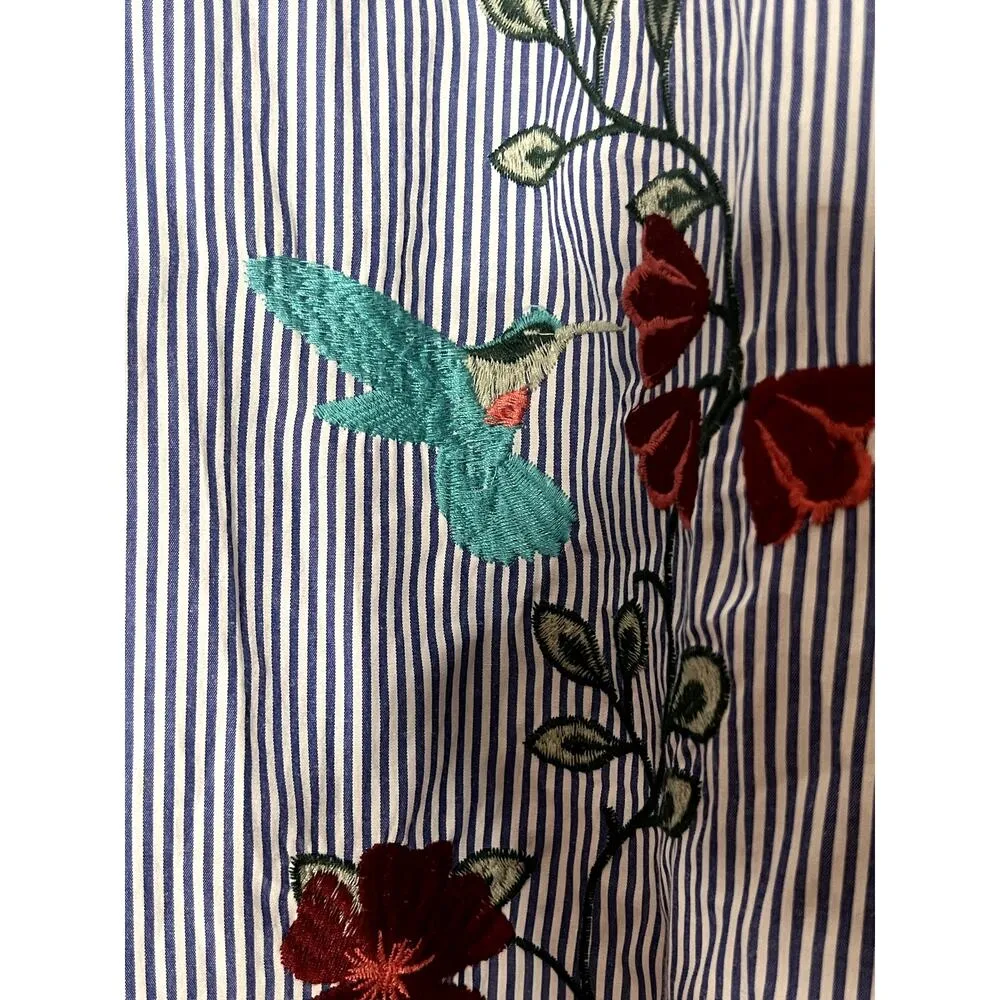 Paper Tee womens size 2X shirt button-up embroidery humming bird  blue/white - Image 2