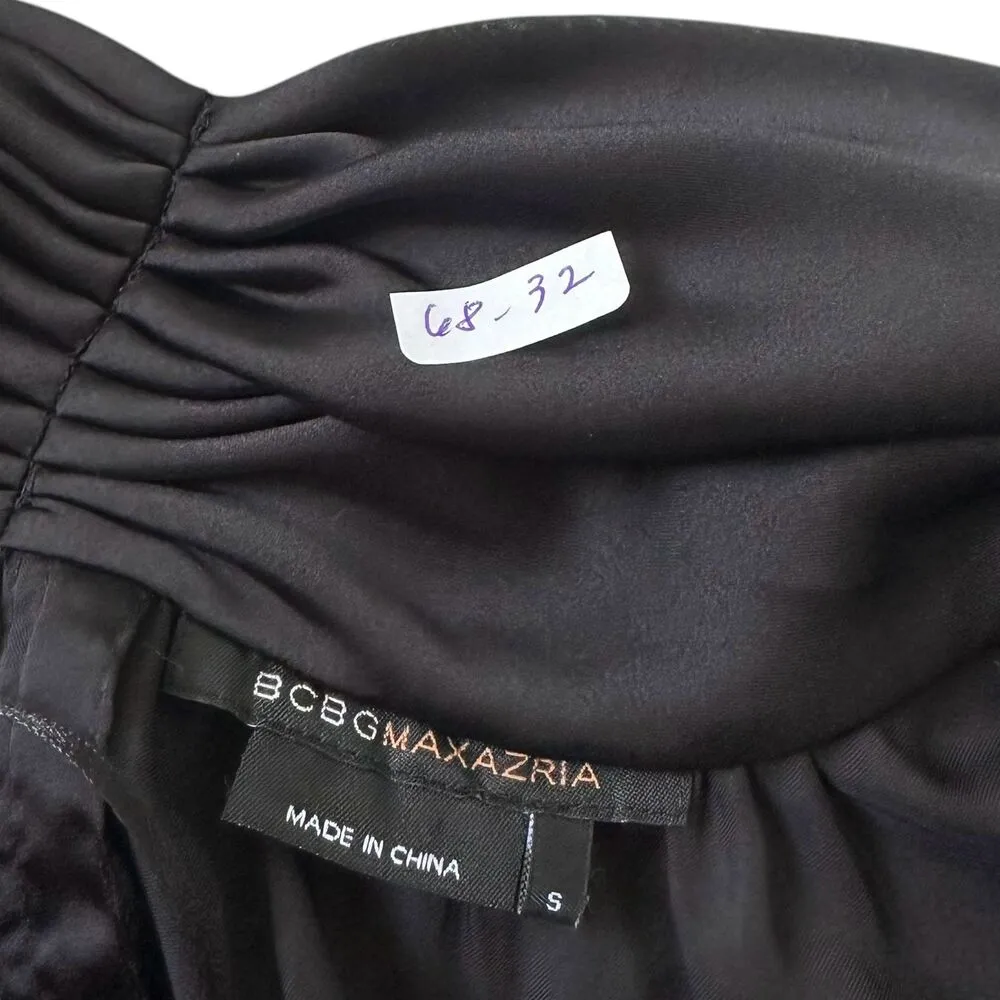 BCBG Maxazria Black Satin Sheer Ruched Sleeve Blouse Women Top Small | 68 - Image 3