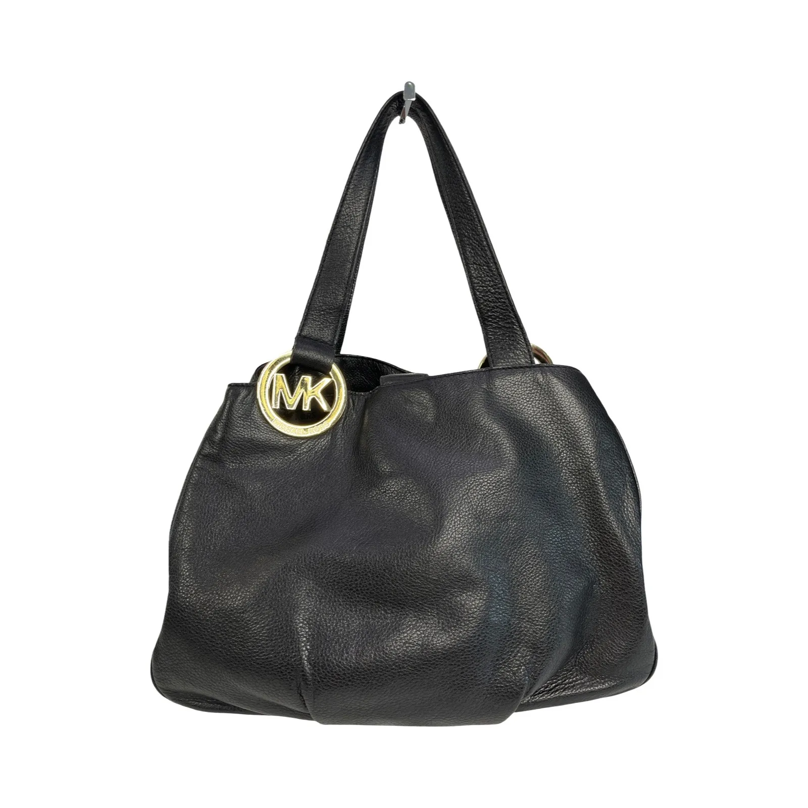 Michael Kors Black Pebbled Leather Tote Bag Gold MK Medallion Shoulder Purse - Image 4