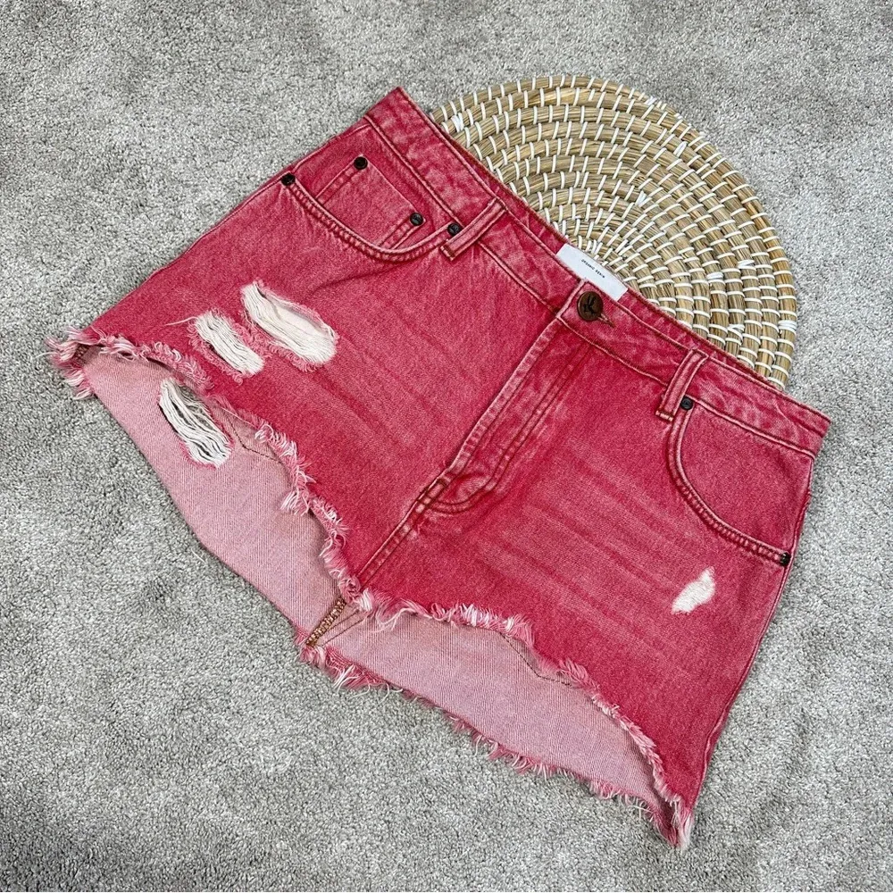 One Teaspoon Junkyard Relaxed Mini Denim Skirt Distressed in Organic Red Size 28 - Image 3