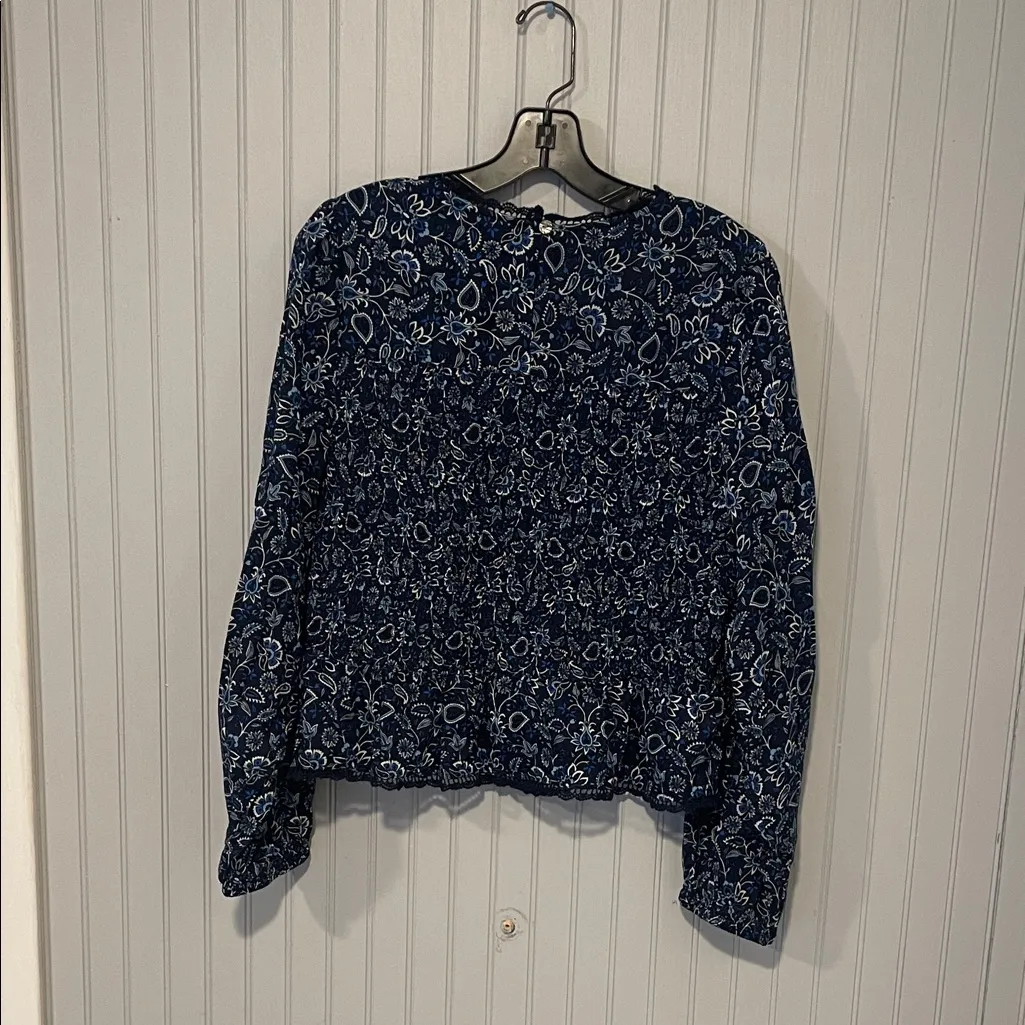 LOFT Dark Blue Floral Patterned Long Sleeve Blouse | Large NWT - Image 10