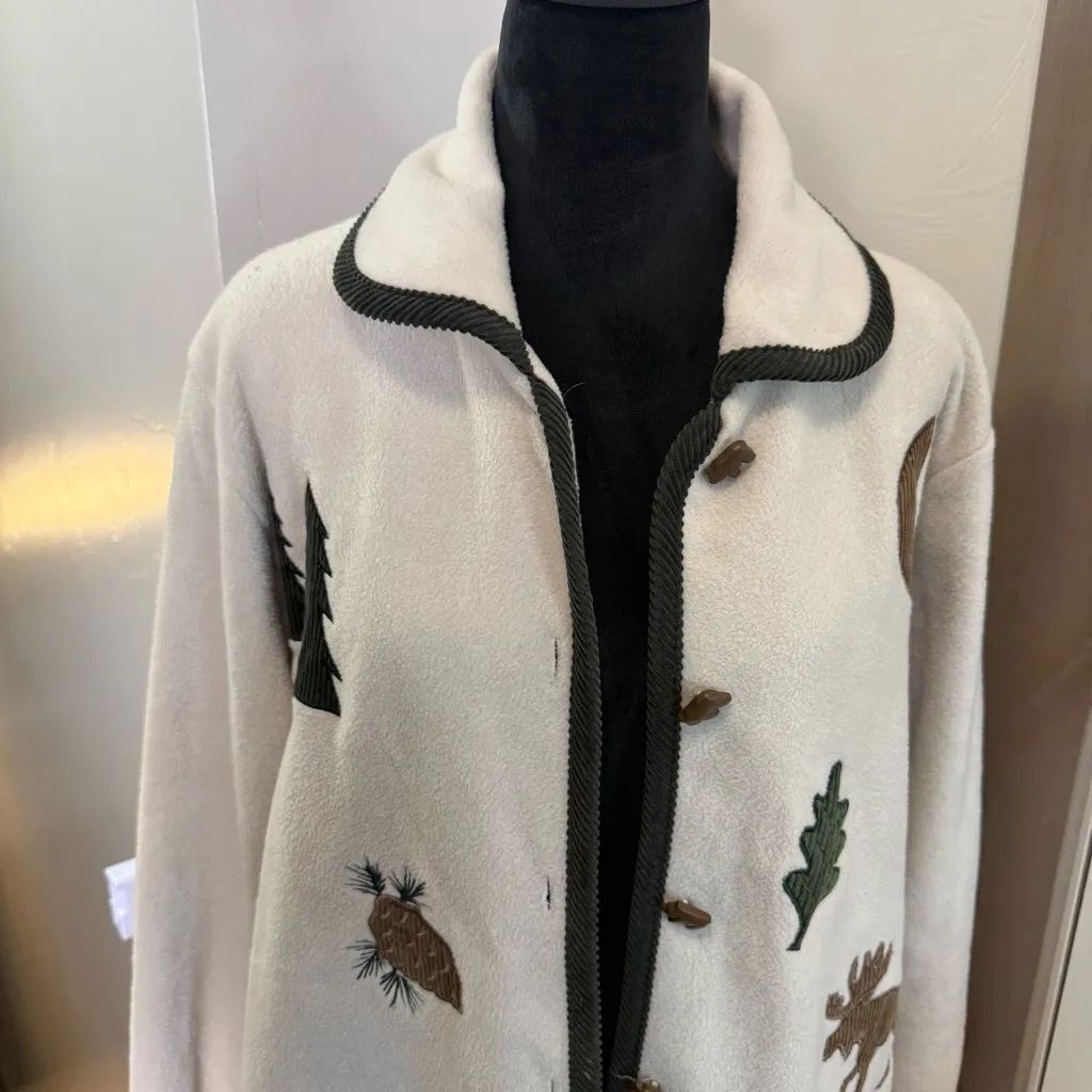 Vintage CJ Banks Button Down Sweater Jacket Cream Woodsy Animals Deer Trees XL Brown - Image 2