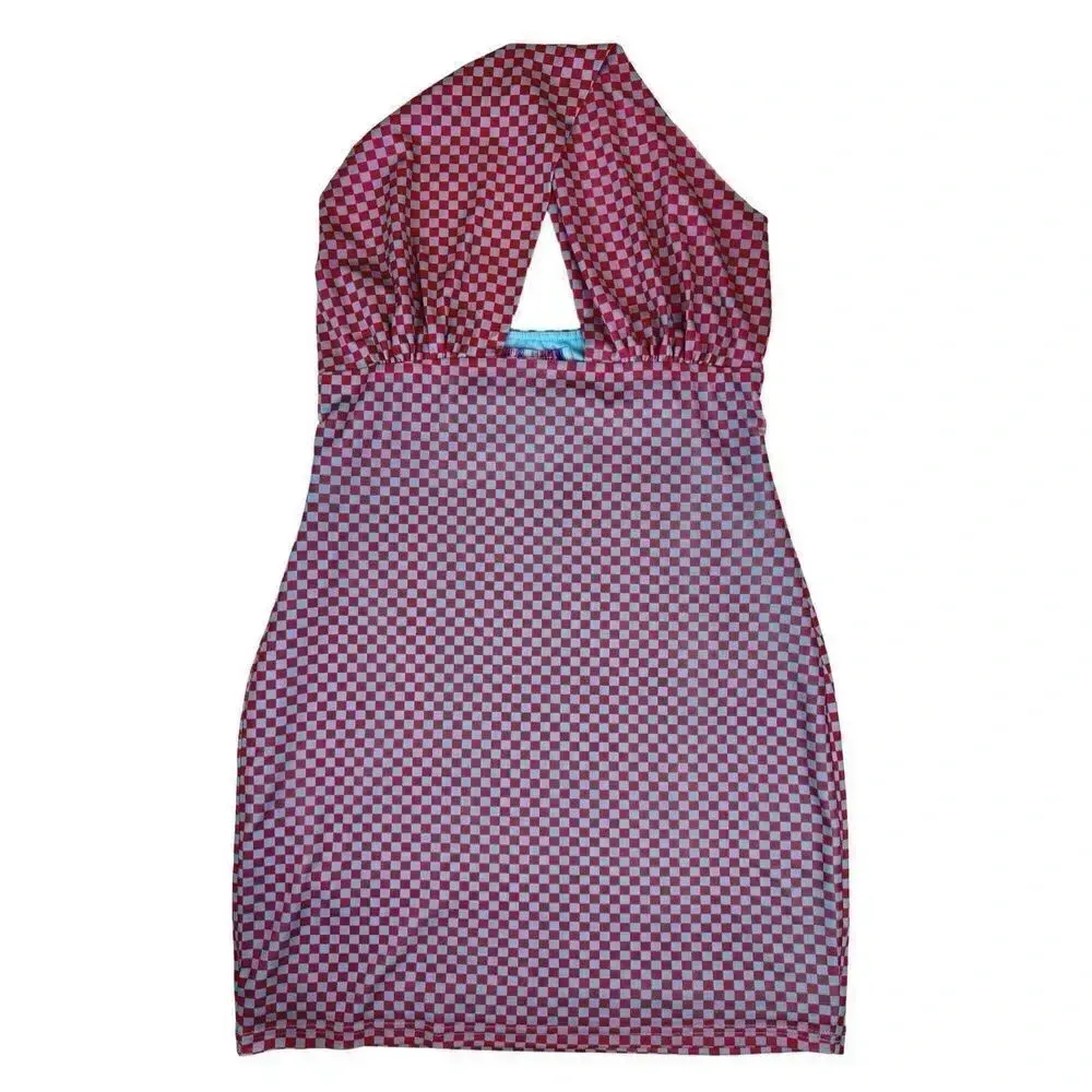 UO Mesh Halter Mini Dress Small Red Blue Checkered Stretch Bodycon Cutout Y2K - Image 3