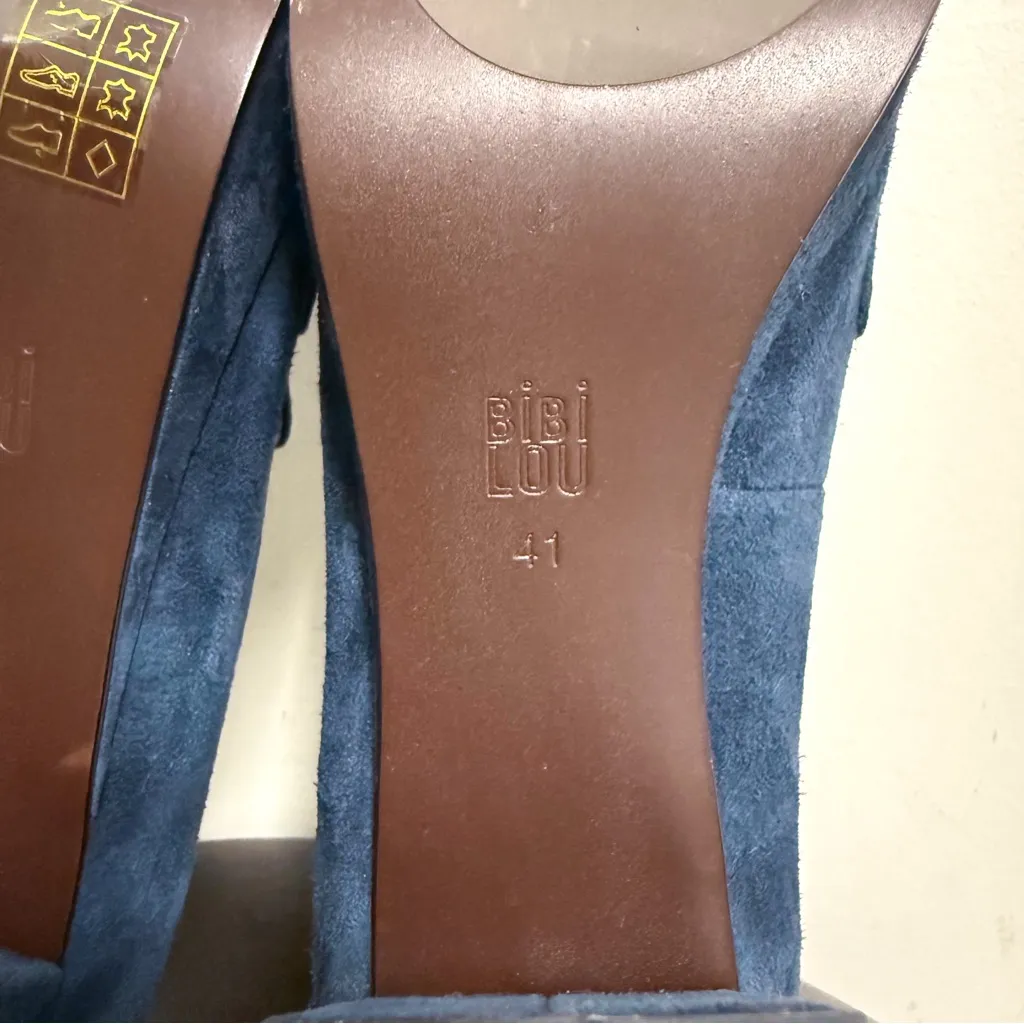 Bibi Lou Navy Blue Suede Leather Platform Block Heel Square Toe Loafers 41 Size 10 - Image 9