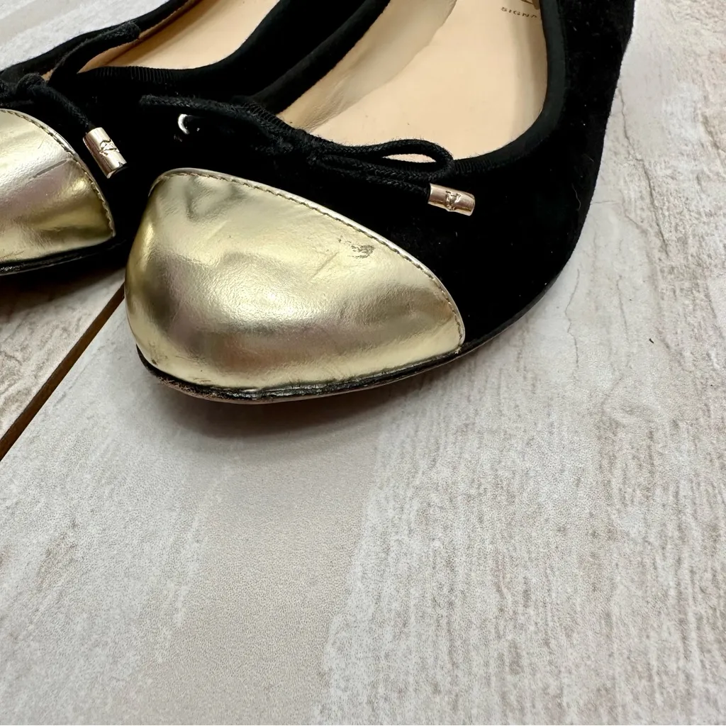 Vero Cuoio Women’s Sz 9 1/2 Black Suede Ballet Flats With Gold Leather Toe Tips - Image 3