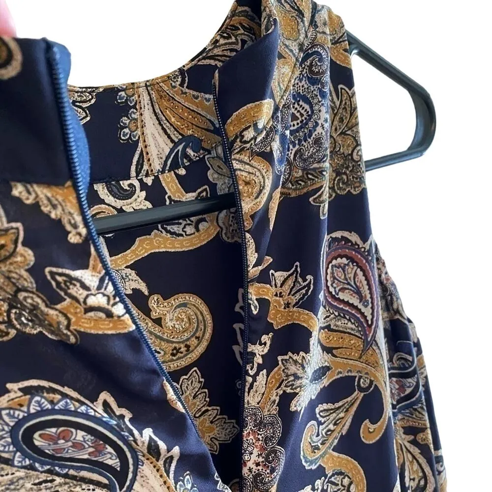 Veronica M. Navy Blue Paisley Print Long Belll Sleeve Cold-Shoulder Blouse Large - Image 3