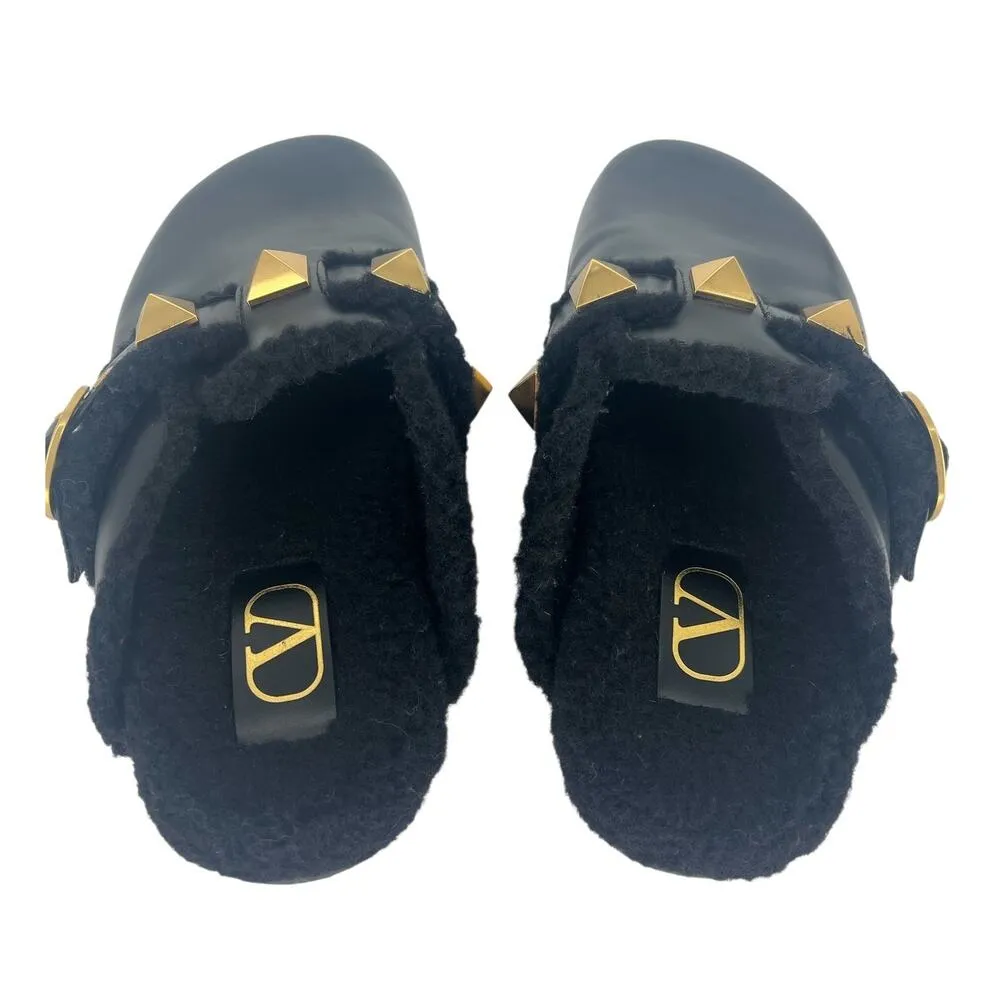 Valentino Garavani Roman Stud Shearling Mules in Black Size 7.5 - Image 11