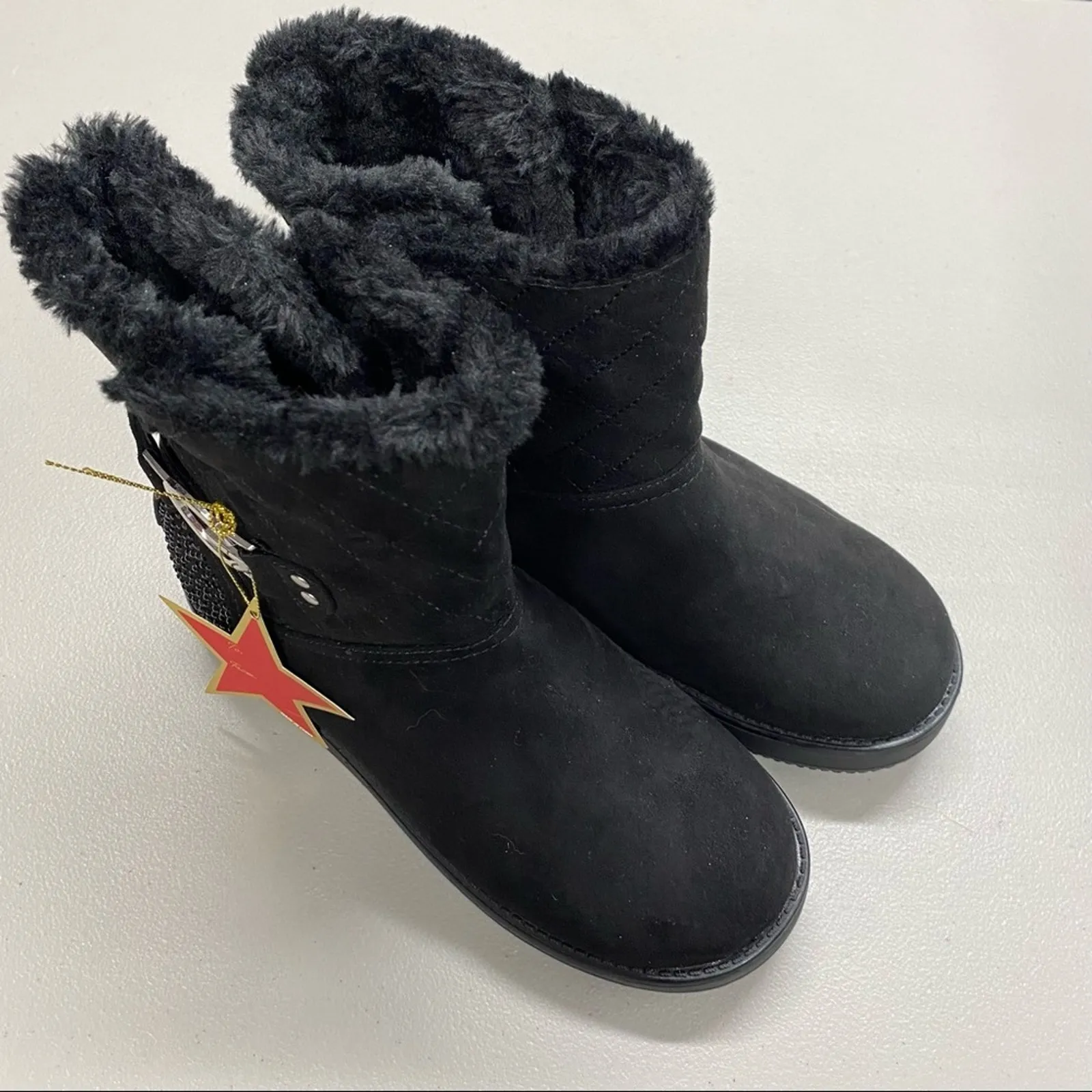 GBG Black Boots Faux Fur Sock Lining G Logo Buckle Studded Heel Womens Size 6 - Image 2