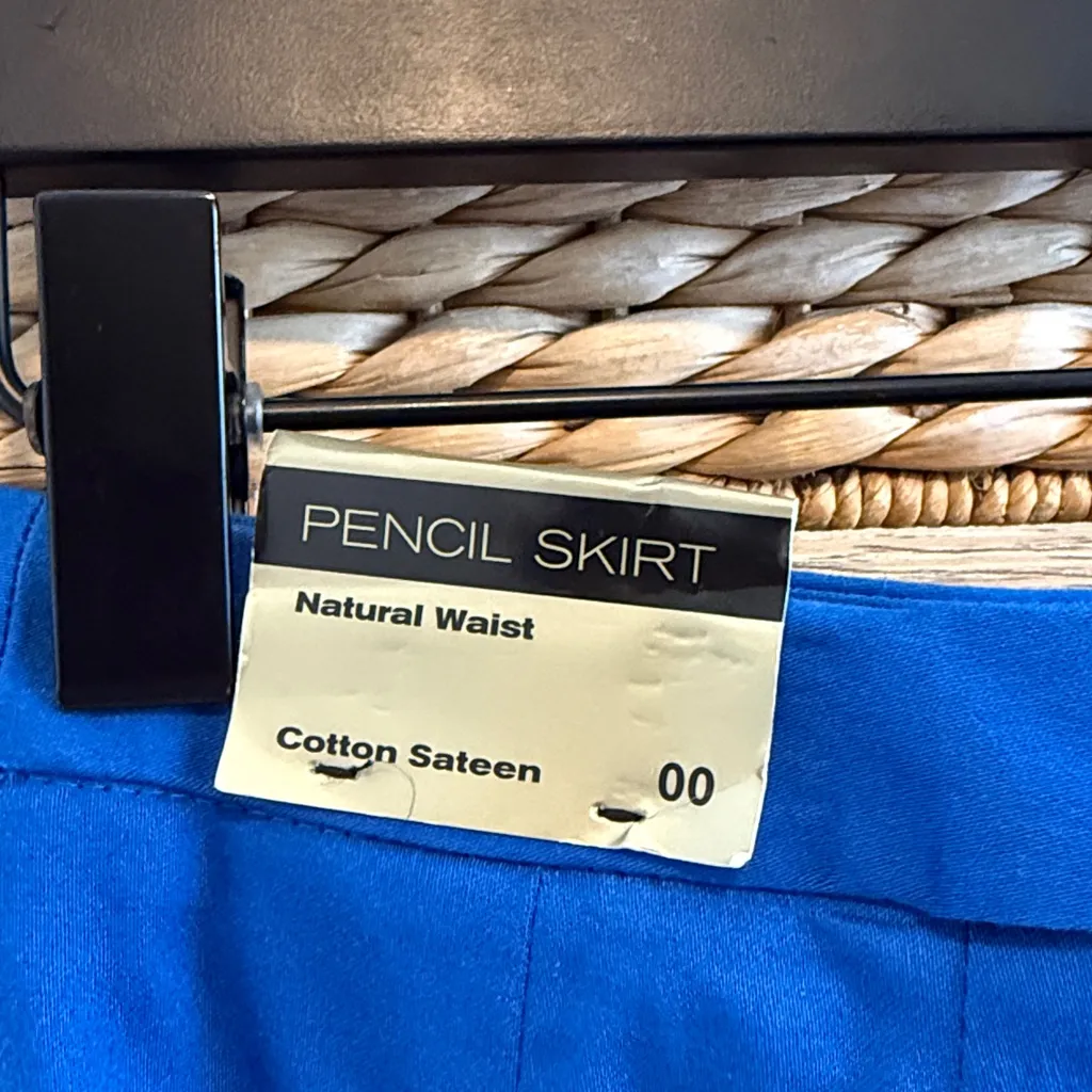 NWT Express Cotton Sateen Cobalt Blue Woven Natural Waist Pencil Skirt, 00 - Image 5