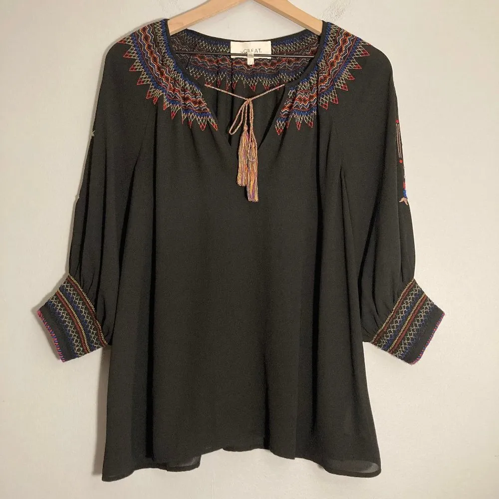 . The Promenade Top 0 XS Black Multicolor Embroidery Tassel Flowy Boho - Image 4