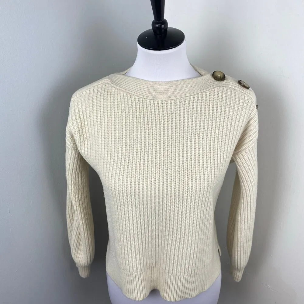 Madewell Cream Boatneck Button Shoulder Ballon Sleeve Wool Sweater XS - Image 4
