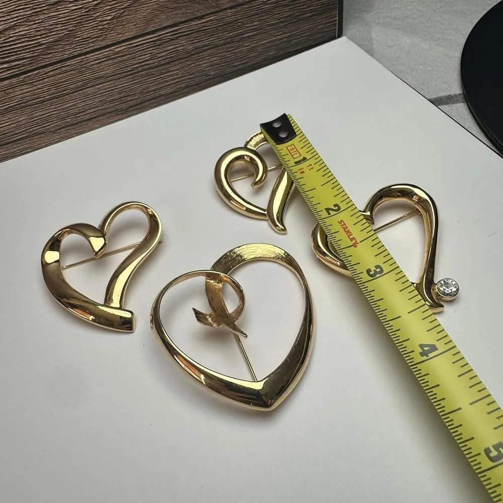 Heart Shape Lot Of 4 Hearts Brooch Pin Gold Tone 1 Trifari 1 Napier - Image 3