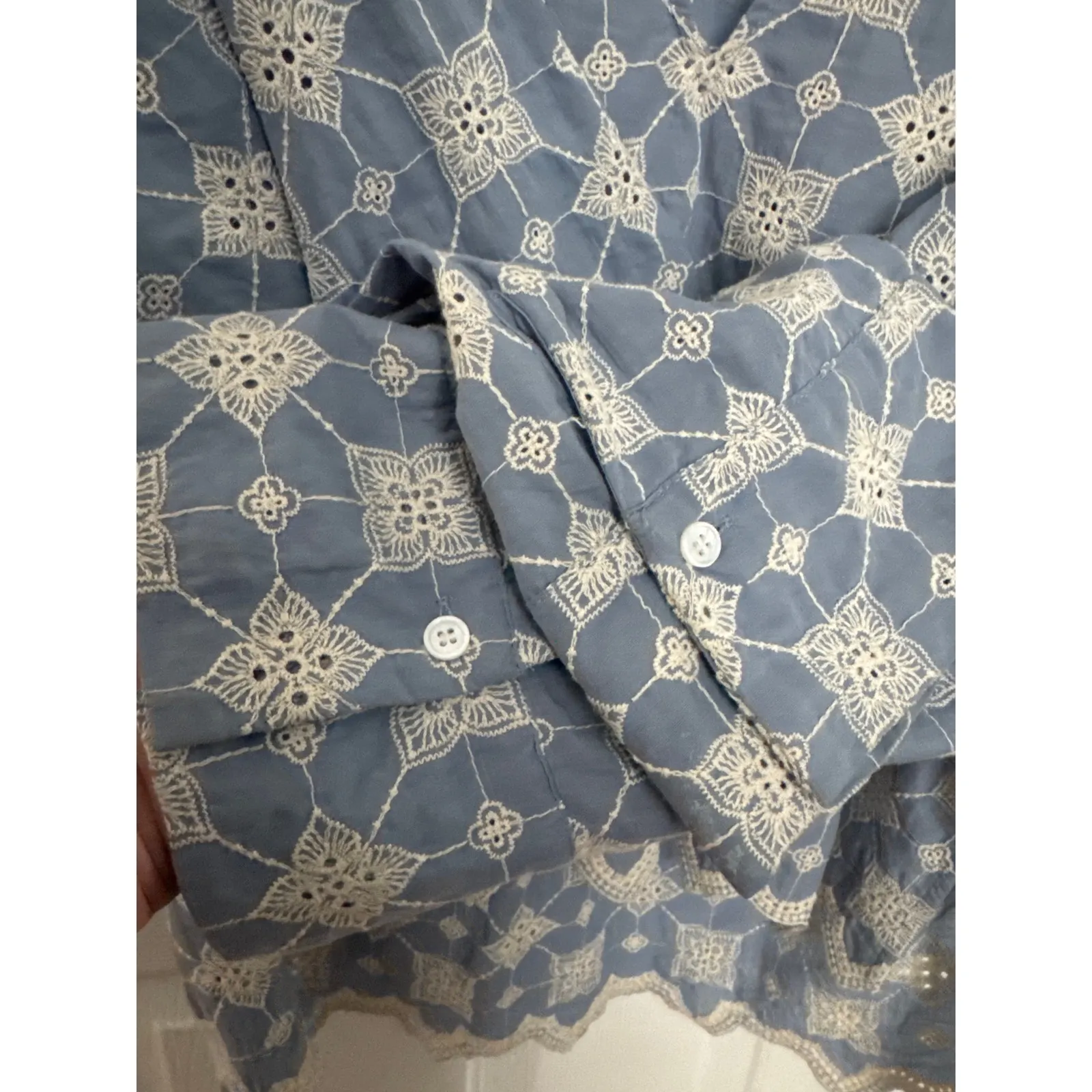 Zara Floral Embroidered Retro V-Neck Long-Sleeved high low top cotton small - Image 8