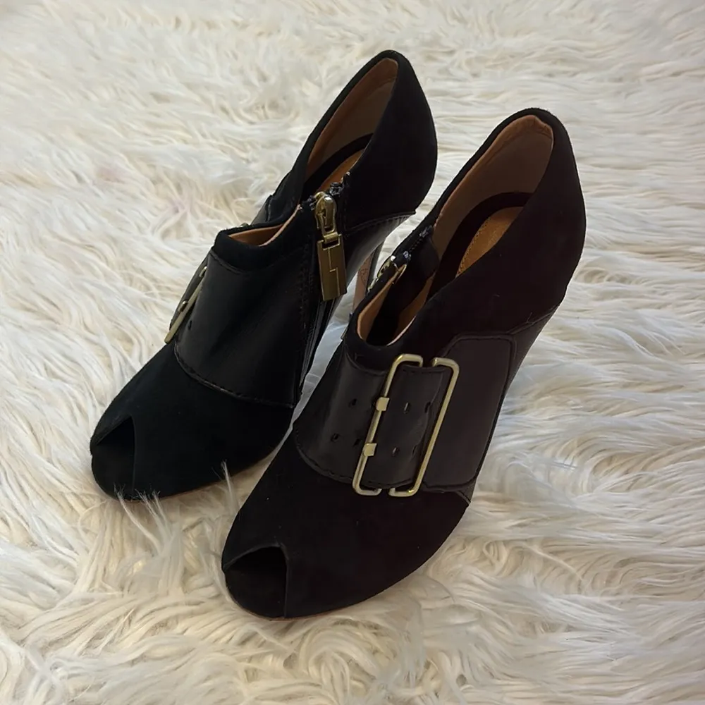 L.A.M.B. Black Suede Leather Peep Toe Pumps - Image 2