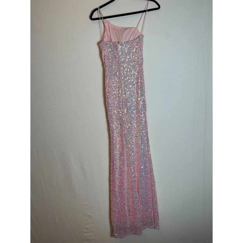 Midnight Doll One Shoulder Pink Sequin Gown with Front Slit Size 0 - Image 5