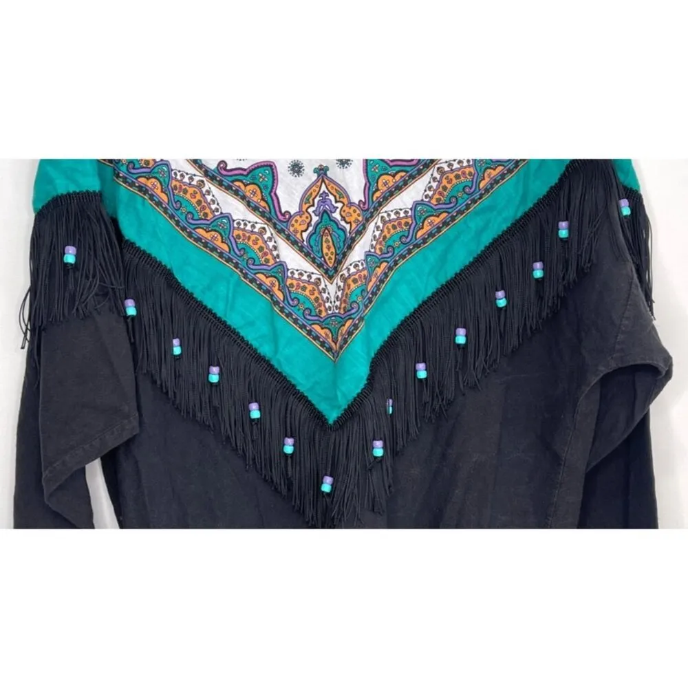 Hazelwood Southwestern Fashion Handkerchief Fringe LS Top Size L Vtg 70s USA Cow Black Size L - Image 2