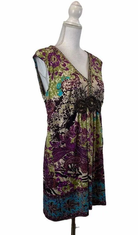 Vintage ICE Med Multicolor Sleeveless Mini Dress Beaded Boho Summer Beach Artsy - Image 2