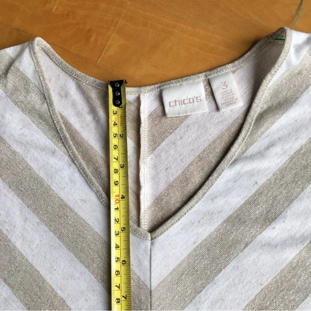 Chico’s Chevron Metallic Stripe V-Neck Tee, Gold, Cream, Size 3 (XL/16) - Image 11