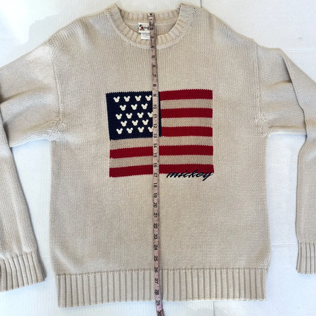 Vng 1990s Disney Resorts Mickey Mouse American Flag Knit Sweater Beige USA sz L Size L - Image 10