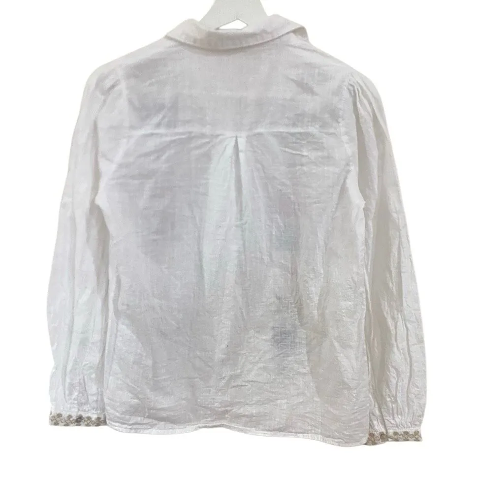Julia style size, small button up collared blouse, intricate embroidery flowers White - Image 6
