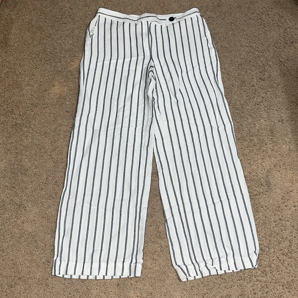 J. Jill Wide Leg Trouser Pants Linen Blend Navy Cream Stripe 10‎ Blue - Image 3