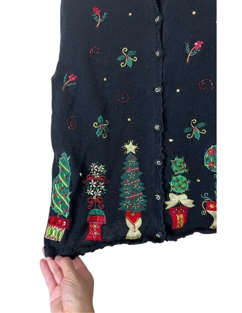 Vintage Heirloom Collectibles Christmas Sweater Black Embellished Trees Size S - Image 3