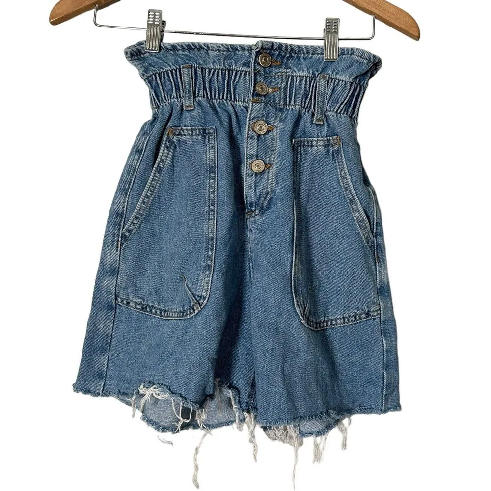 ZARA High Waisted‎ Denim Shorts Paperbag Waist Frayed Hem Size 0 Blue BOHO - Image 5