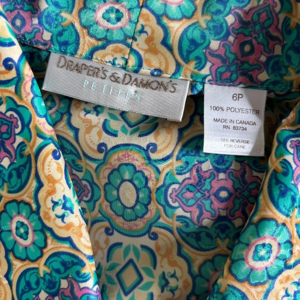 Vintage 80s Pleated Shirt Dress Petite 6 Gold Green Floral Belt Elastic Waist Size M - Image 7