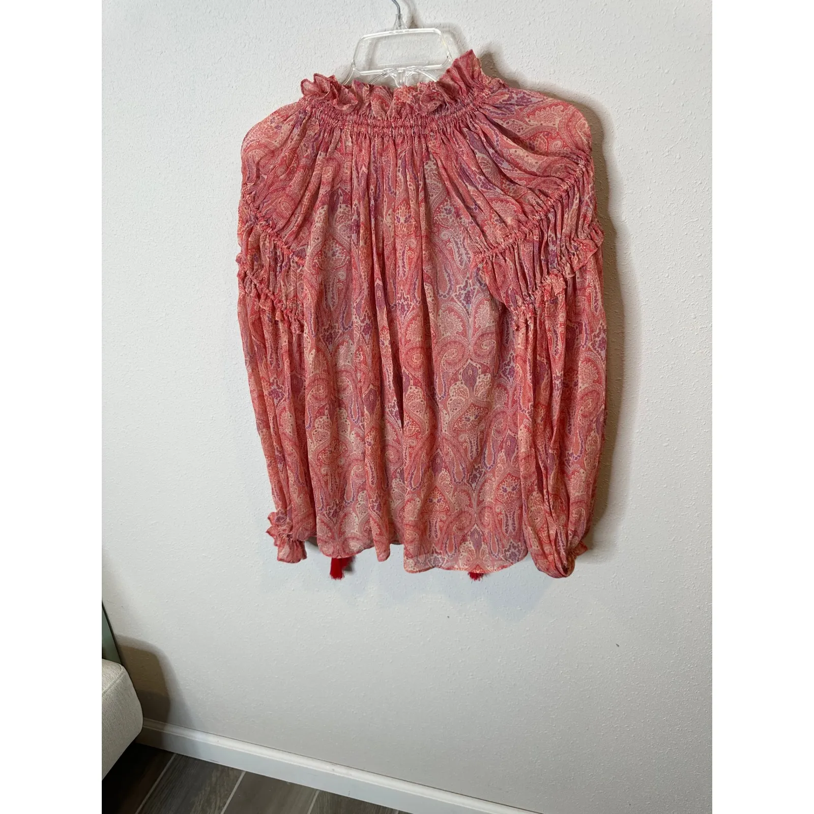 Haute Hippie Paisley Print Ruffle Neck Tassel Tie Blouse Top XS - Image 6